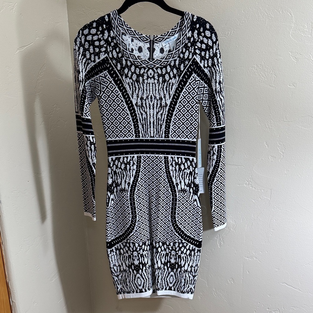 NWT Charlie Jade Monochrome Geometric Long Sleeve Dress